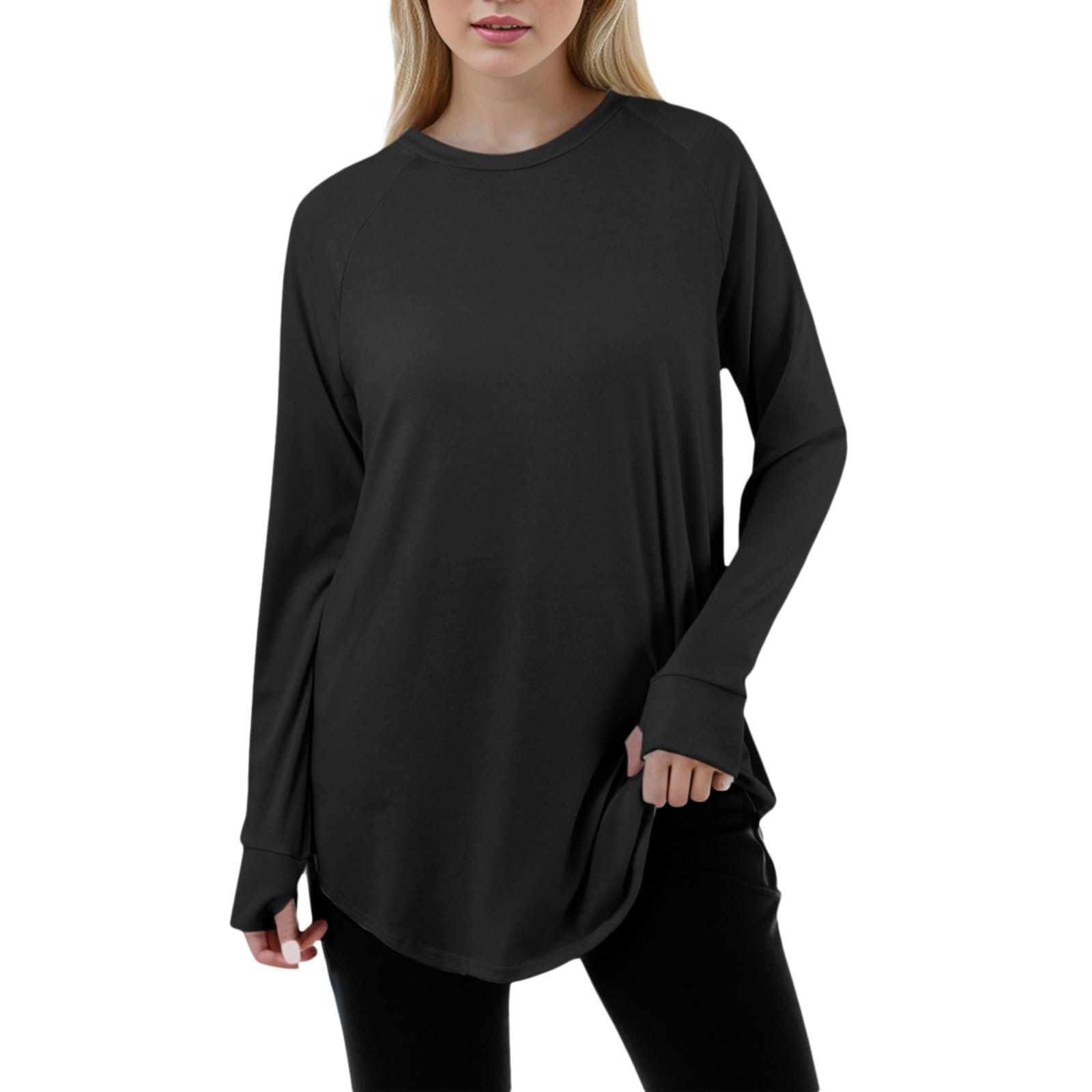 Women Casual Fashion Solid Color Loose Round Neck Long Sleeve Raglan Sleeve T Shirt Top Men Work Short (Black, XL)