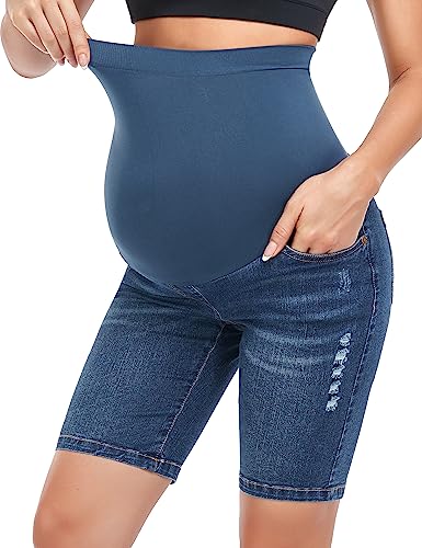 Image of HOFISH Women's Maternity Denim Shorts Over The Belly Stretchy Comfy Jean Shorts Pants Casual Workout Pregnancy Shorts