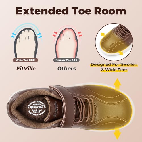 Image of FitVille Diabetic Shoes for Men Extra Wide Comfortable Leather Walking Shoes Hook & Loop Orthopedic Dress Sneakers for Swollen Feet