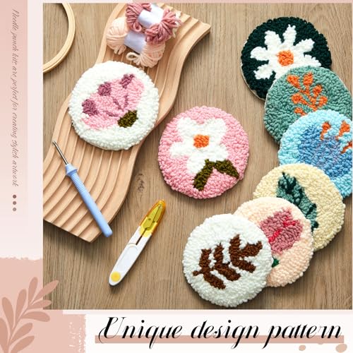 Image of Preboun 8 Pcs Floral Punch Needle Coaster Kit Punch Needle Embroidery Kit for Adults Beginners Flower Punch Needle Supplies for Crafters Tufted Coasters Including Yarns Hoop Tools