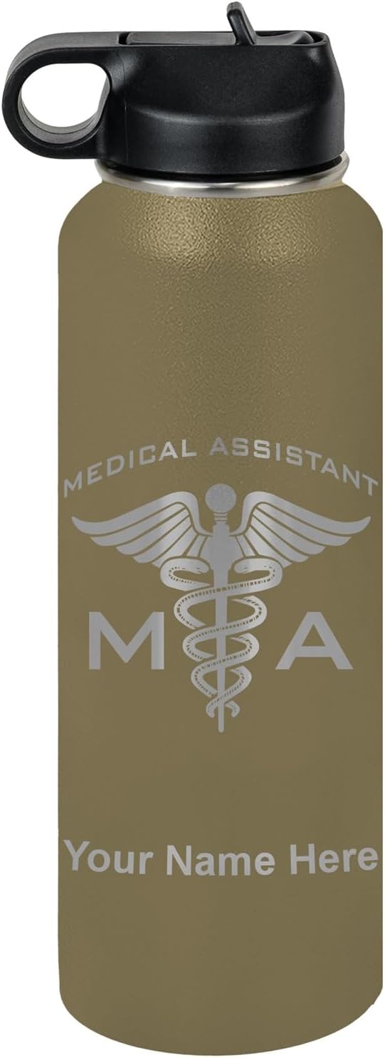 LaserGram Personalized Water Bottle, MA Medical Assistant, Stainless Steel Double Wall Vacuum Insulated with Flip Top Straw, Custom Engraved Gift (40oz / 1180ml Camo Green)