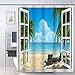 JOOCAR Design Shower Curtain, Palm Tree Decor Ocean Beach Seascape Through White Wooden Windows Summer Scene Tropical Island Blue Green, Waterproof Cloth Fabric Bathroom Decor Set with Hooks JOOCAR Design Shower Curtain, Palm Tree Decor Ocean Beach Seascape Through White Wooden Windows Summer Scene Tropical Island Blue Green, Waterproof Cloth Fabric Bathroom Decor Set with Hooks