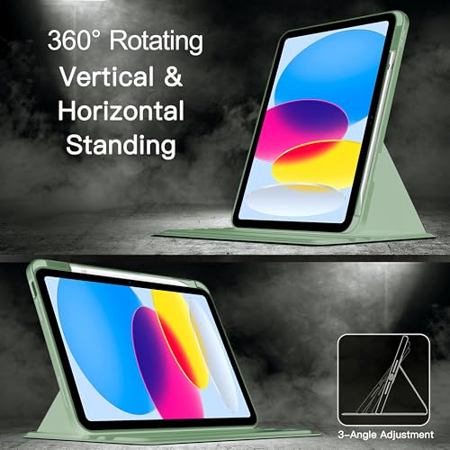 Image of TGK Rotating Case for Ipad 10Th Gen 10.9 Inch 2022 (A2757 / A2777 / A2696) iPad A16 11.0 inch 2025 with Pencil Holder 360 Degree Rotation Protective Trifold Stand Cover Clear Back (Mint Green)