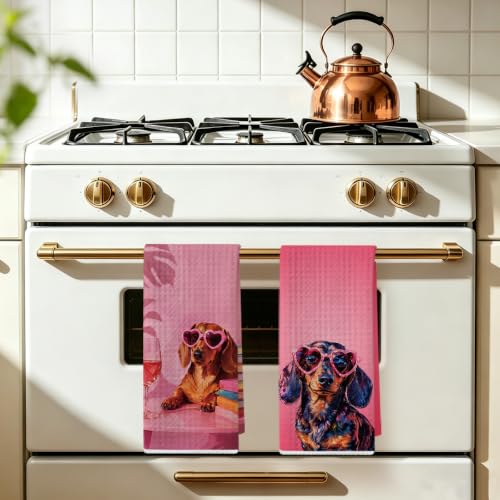 Image of 4 Pcs Pink Funny Dachshund Hand Towels, Dachshund Gifts Reusable Dish Towel | Waffle Weave Absorbent Hand Towel for Kitchen Bathroom Decor, Cute Weiner Dog Gifts for Women Mom Friend 24x14 Inch