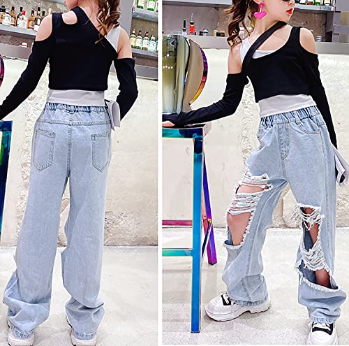 HBER Kids Girls Baggy Jeans Elastic Waist Denim Pants Wide Leg Bottom Casual Loose Fit Ripped Trousers Age 4-14 Years2