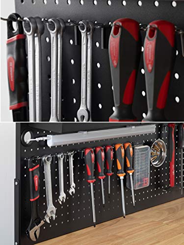 Meister Werkbank 1400 x 1140 x 610 mm - 200 kg Tragkraft - Vier Schubladen, Lochrückwand & drei Ablagefächer - Mit LED-Arbeitsleuchte & integrierter Steckdosenleiste - Aus Stahl / Werktisch / 9079700