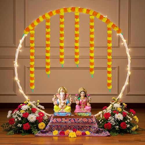 Image of SpecialYou Diwali Decoration for Home with Festive Decor Backdrop PVC, 3 Marigold Garland, 3mtr Light, Decorations Stand for Backdrop for Pooja, Deepavali Decoration Items for Home- 5Pcs