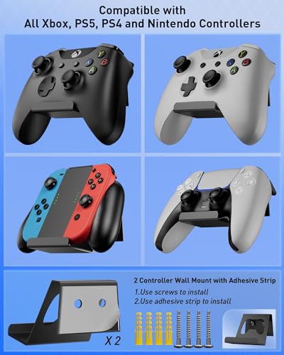 Image of Wall Mount for Nintendo Switch and Switch OLED with 2 Controller Wall Holders, Metal Wall Mount Kit Stand with 5 Game Card and 4 JoyCon Shelfs, Safely Store Console Near or Behind TV, Black
