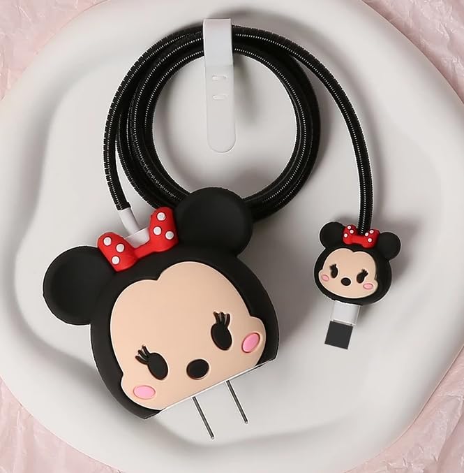 Image of Meyaar Silicone Protective Case for Apple 20W & 18W iPhone USB-C Power Adapter Charger and for USB Lightning Cable, 3D Cartoon Case for iPhone Charger 18W /20W Only (Minnie (Black))