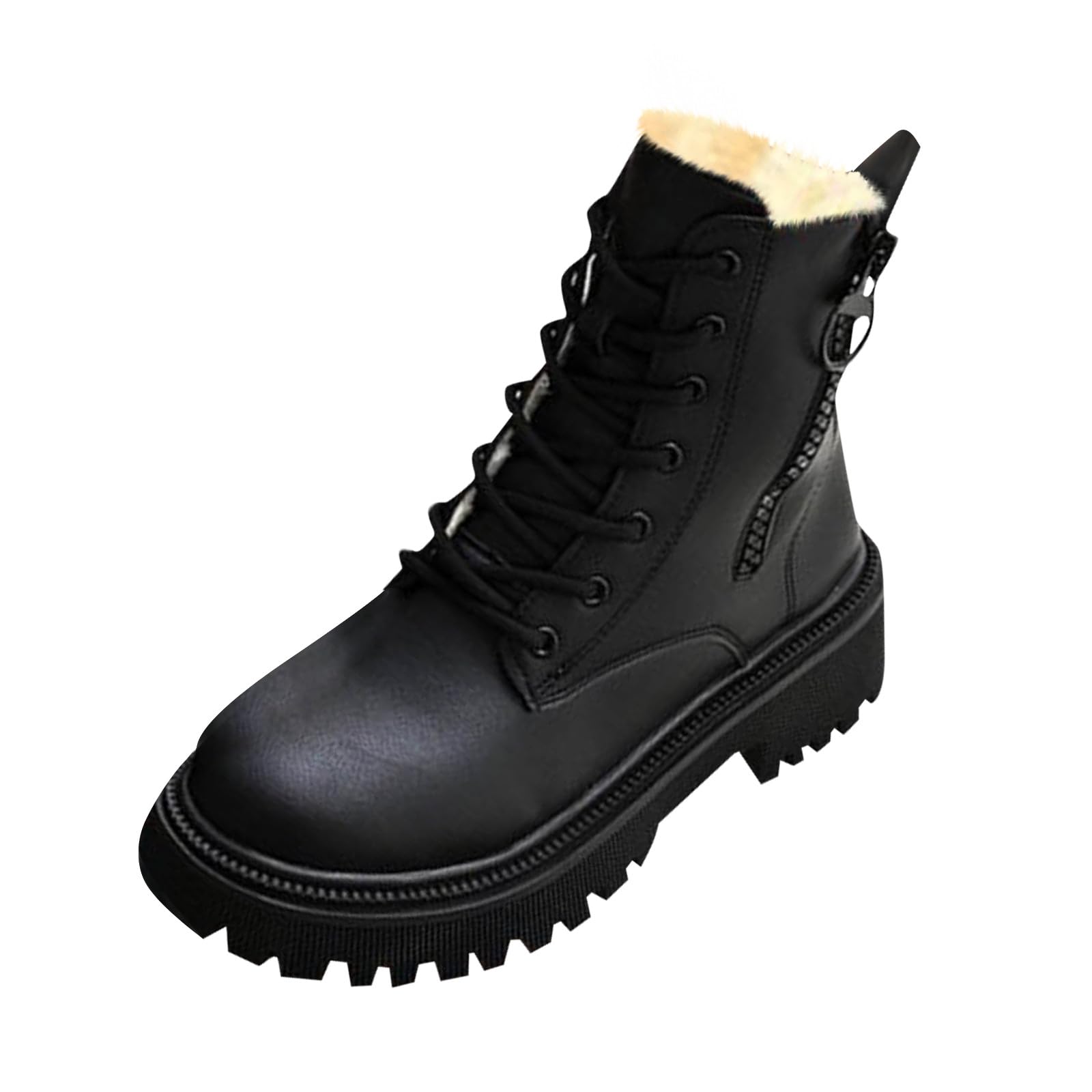 Women Mid Calf Boots Winter Fleece Lining Platform Booties Lace Up Pointed Toe Shoes Motorcycle Combat Boot with