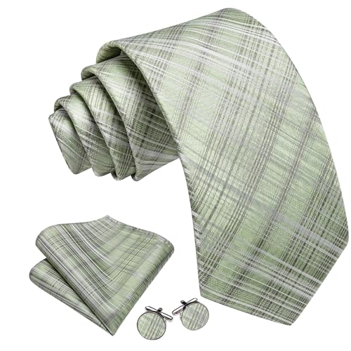 Image of Barry.Wang Plaid Ties Check Mens Necktie Set with Handkerchief Cufflinks Classic Stripe