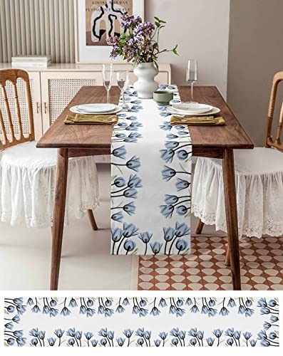 Spring Floral Table Runner 120 Inches Long, Blue Tulip Table Runner Cotton Linen Dresser Scarves Table Flag Dining Table Runners For Coffee Table Holiday Parties Wedding Banquet #TOP2
