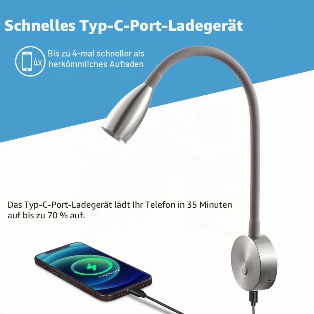 acegoo Leselampe 12V LED Dimmbar Bett Lampe, Flexible Wandmontage Schwanenhals Nachttisch 24V 3200K Eingebauter Dimmer & Typ C Schnellladegerät, für Boot Wohnmobil Auto Camper Van Yacht (Silber)