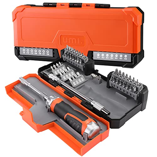 Amazon Brand – Umi Coffret Tournevis à Cliquet Magnétique 43 Pièces, Tournevis Porte-Embouts à Cliquet Bimatiere avec 40 Embouts en Cr-V Remplaçables et Adaptateur