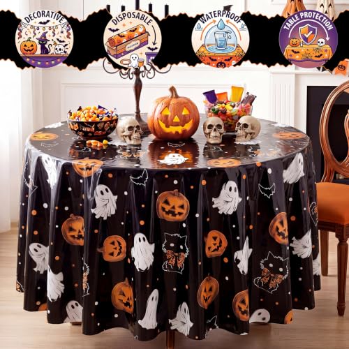 Image of Ganeen 6Pcs Halloween Plastic Tablecloths Pumpkin Black Cat Ghost Disposable Table Cover Halloween Party Decorations 84 Inch Plastic Round Table Covers Ghost Tablecloths Bulk for Baby Shower Party