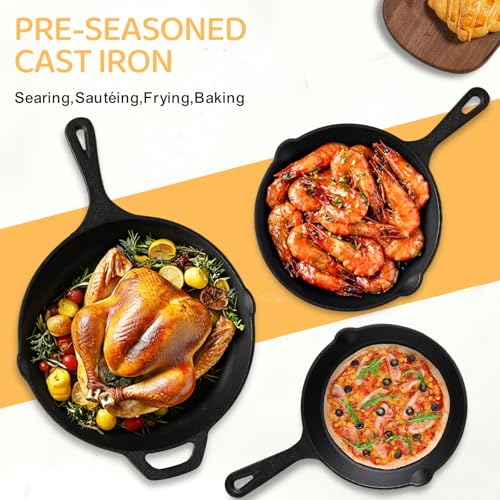 EWFEN Cast Iron Skillet 3-Piece Set, Heavy-Duty Professional Restaurant Chef Quality Pre-Seasoned Pan Cookware Set, 6", 8", 10" Pans For Frying, Saute, Cooking, Use Indoor/Outdoor, Oven, Grill by EWFEN - Image 2