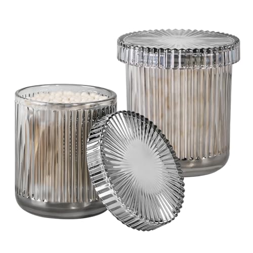 2pcs Bathroom Canister and Storage, Gray Glass Qtip Holder Dispenser, Apothecary Jars with Lids, Modern Ribbed Vanity Storage Organizer Set for Cotton Swabs, Cotton Balls, Pads