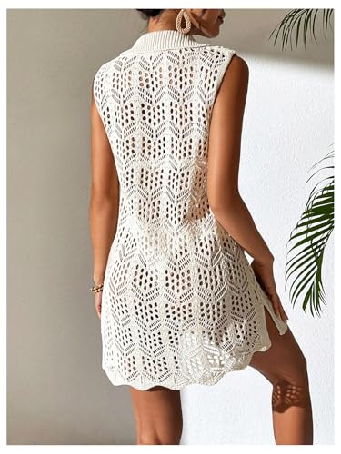 GORGLITTER Women's Crochet Swimsuit Coverup Hollow Out Sleeveless Bikini Cover Up Dress Split Hem Beach Dress 20252