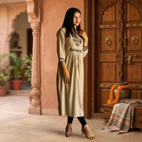 Image of Women's Beige A-Line Rayon One Piece Kurta with Cross Stitch Embroidery | Ethnic Casual Wear Kurti | 3 /4 Sleeve Embroidered Kurta | (M-5XL)
