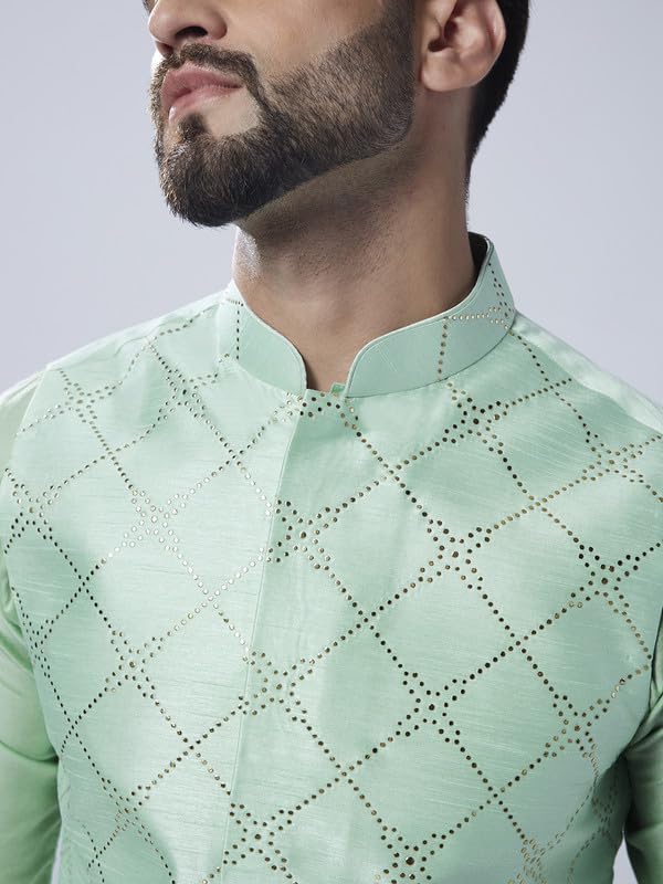 Image of KISAH Men's Navy Blue Printed Cotton Kurta - Regular Fit Long Tunic with Mandarin Collar | Ethnic Wear for Weddings & Festive Occasions