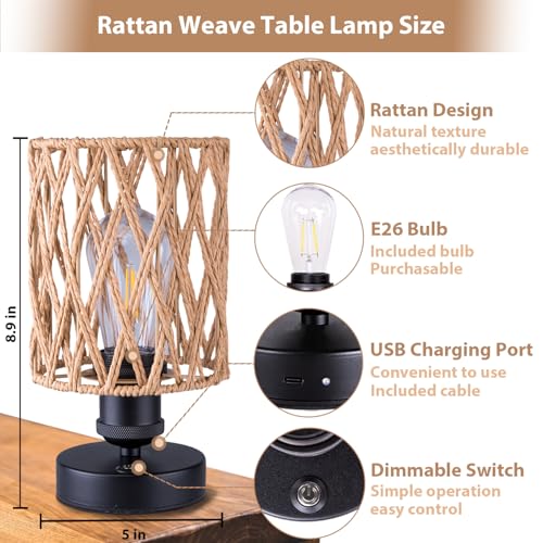 Cordless Outdoor Table Lamps, Small Rattan Boho, Rechargeable Battery Operated for Outdoor Patio, Home, Living Room, Bedroom, Bedside - Set of 2 (Beige-A) - Image 4