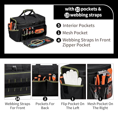 Garvee Tool Bag for Men, 17-Inch Durable Oxford Tool Tote with Padded Handle & Adjustable Shoulder Strap, Multi-Pocket Storage Organizer for Electrician, Carpenter, Handyman, Mechanic blackgreen - image 4