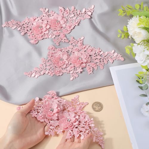 CABODYALS 2 works 4Pcs Pink Floral Embroidery Applique Beaded 3D Flower Rhinestone Appliques Polyester Lace Pearl Crystal Sew on Patches for Sewing Making Clothes Wedding Gowns Accessories - Image 3