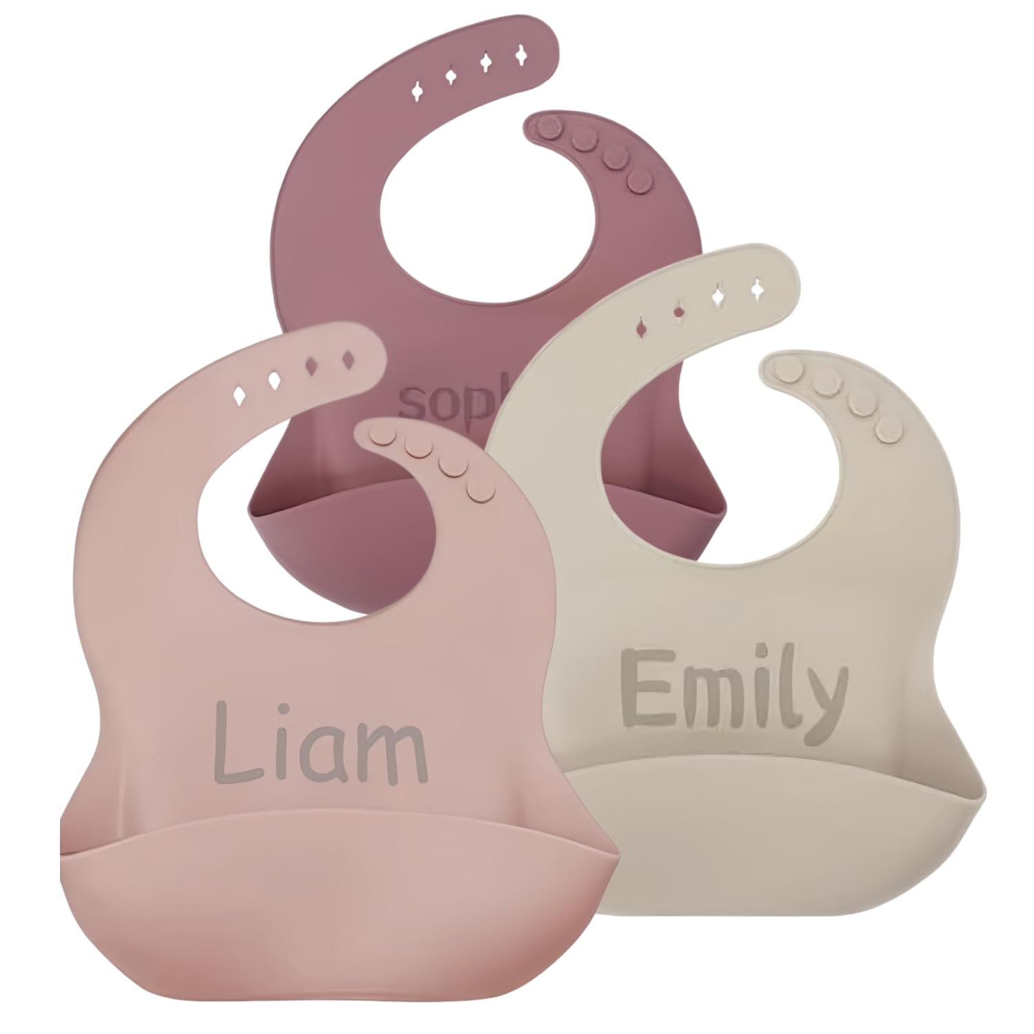 norinori Personalised Silicone Baby Bibs with Name, Set of 3 Custom Waterproof Bibs for Babies & Toddlers, Easy Clean, Crumb Catcher, Adjustable Soft Feeding Bibs