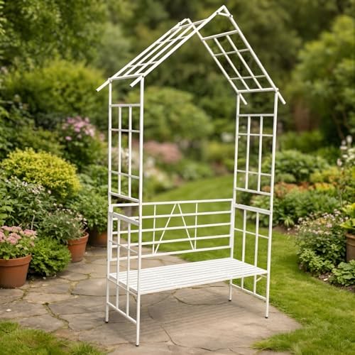 Image of ecofynd 8 Feet High x 3.7 Feet Wide 2-Seater Hut-Shaped Garden Bench, Metal Arbor Trellis for Climbing Plant with Outdoor Garden Chair, Backdrop Stand for Wedding Lawn Backyard Party Decor (GC002-WHT)