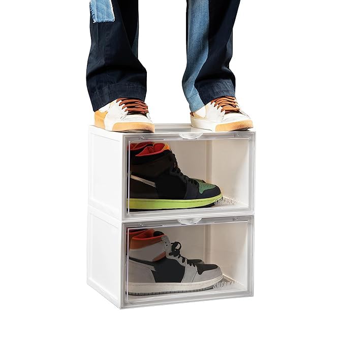 SNEAKARE Stackable Shoe Storage Box | Heavy Duty Plastic Sneaker Crate with Magnetic Door | Shoe Organizer for Men & Women | Fits Upto UK 14 | Durable Shoe Storage Box White Pack of-2