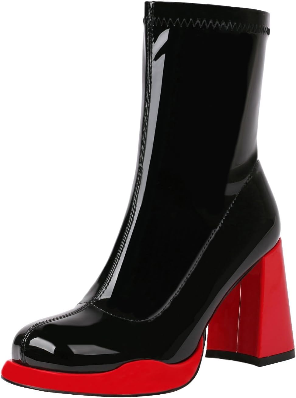 Mofirdast Gogo Boots Platform Chunky Heel Ankle Boots for Women Square Toe Mid Calf Boots with Side Zippers for Party Cosplay Dance