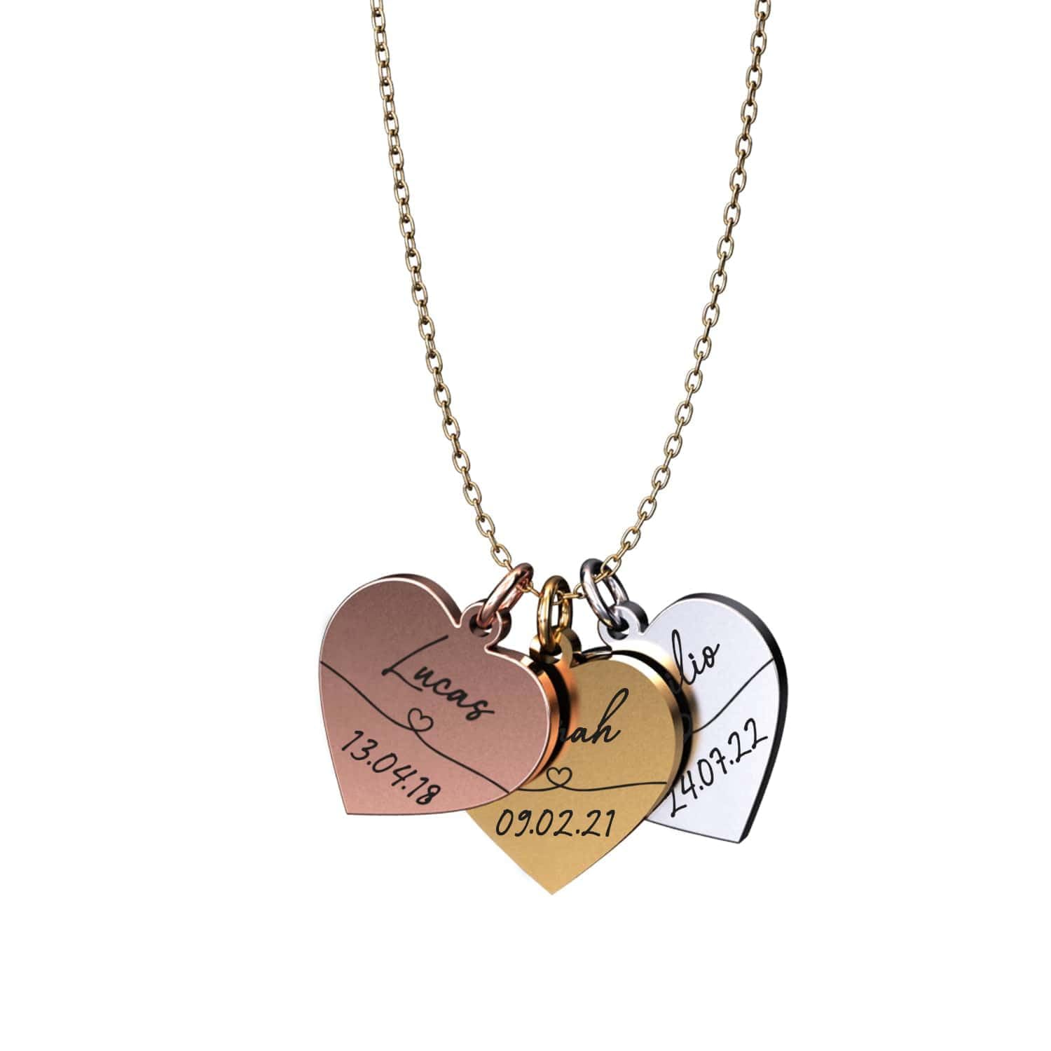 Generisch Personalisierte Halskette mit Gravur | Herzen mit Namen & Geburtsdaten der Kinder | Geschenk Mama | Gold, Silber, Roségold | Edelstahl Wasserfest | Made in Germany