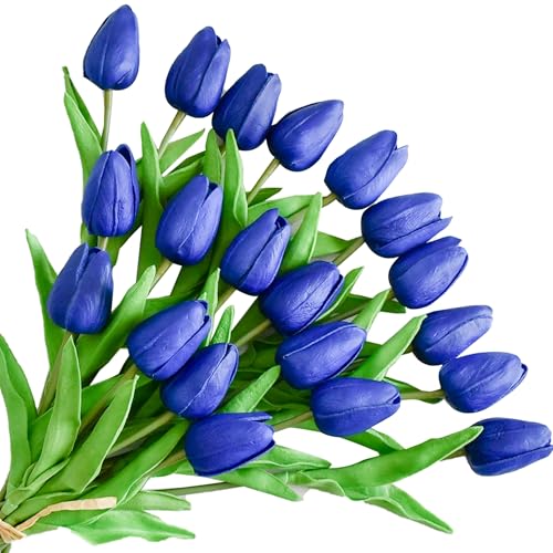 Image of ONLY ART Artificial Royal Blue Tulips 20 Pcs - 13.5 Inch PU Faux Flowers with Bendable Stems for Home Decor, Wedding Centerpieces, DIY Floral Arrangements, New Year and Valentine's Day