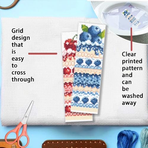 Image of FREEBLOSS 6pcs Fruit Cake Cross Stitch Bookmark Kit 11CT Stamped Cross Stitch Kit DIY Embroidery Bookmarks Set with Felts Backing Instructions for Adult Beginners 8 inchx2.4 inch