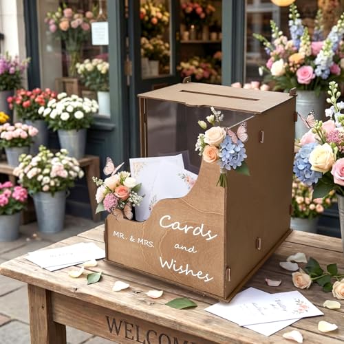 Image of OurWarm Brown Wedding Card Box with Wave Flower Trough, Wooden Gift Card Box for Wedding Decorations Reception, Wood Money Gift Boxes for Party Weddings Essentials Graduation Bridal Shower Decorations