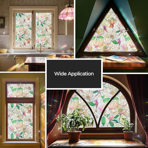 ADD.HERES Window Privacy Film, Stained Glass Decorative Static Cling, Removable Laser Sun Blocking Vinyl Covering,Window Film for Home Kitchen Living Room, Pink Magnolia, 35.43" x 78.7"