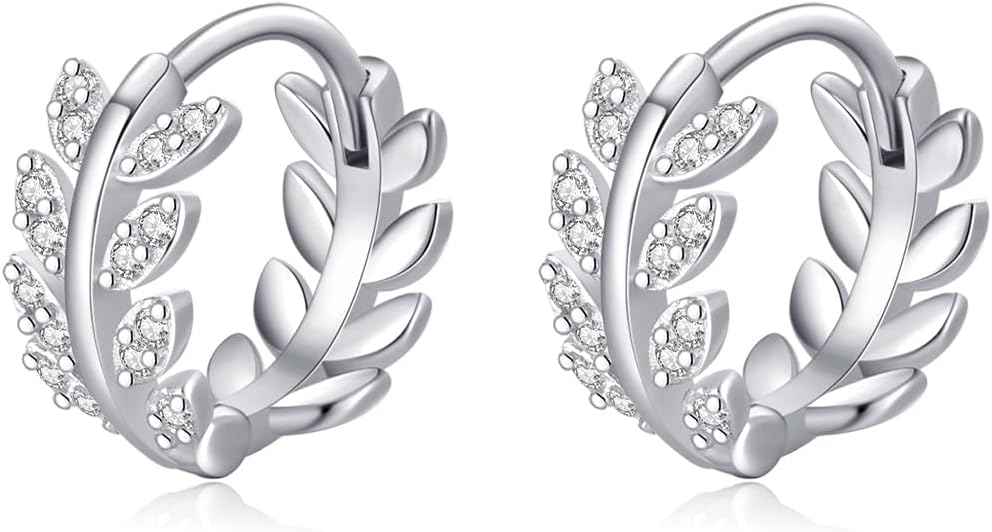 SLUYNZ Sterling Silver CZ Leaf Hoop Earrings for Women Teens Dainty Olive Leaf Hoop Earrings Huggie
