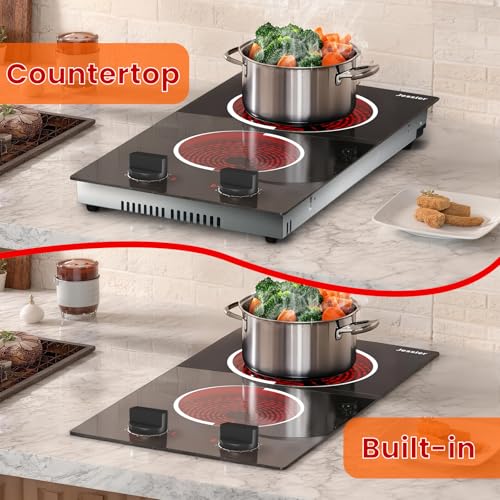 Image of 2 Burner Electric Cooktop - 12 Inch Plug in Portable 110V Electric Cook Top Two Burner, Built-in & Countertop Ceramic Stove Top with Knob Control, 9 Power Levels and Overheat Protection
