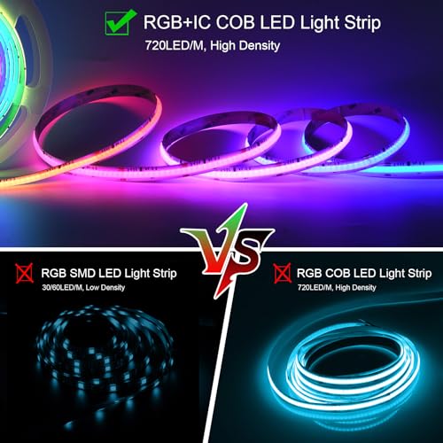 Image of WS2811 Smart IC RGB COB Led Strip Light 16.4FT /5M, 12mm Width, 720 LEDs /M, Chasing Addressable Light for Bedroom Kitchen Wall Decor(Without Controller&Adapter)