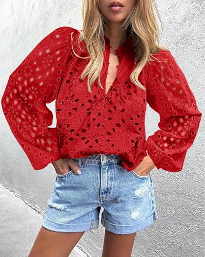 BETTE BOUTIK Women's Long Short Sleeve Tops 2025 Dressy Casual Button Hollow Out Lace Embroidered Blouses Shirts