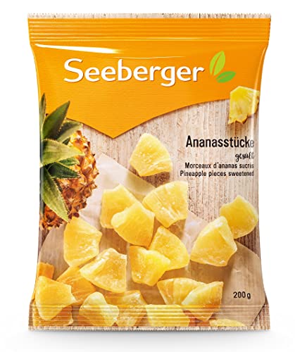 Seeberger Morceaux d’ananas sucrés : Ananas mûrs jaune doré d’Asie du Sud fermes, charnus, fruités et sucrés - pour grignoter en snack - vegan (1 x 200 g)