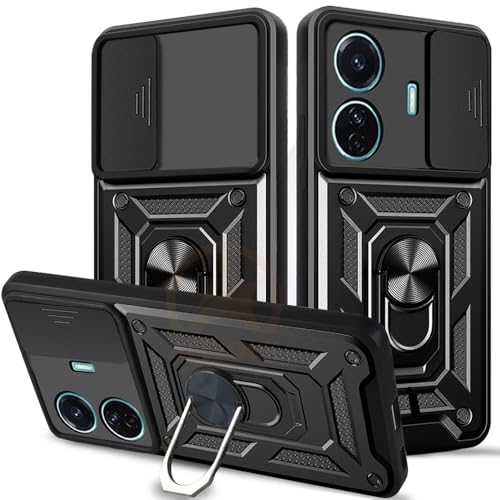 Image of Armor Bumper Back Cover Case for Vivo T1 Pro 5G / iQOO Z6 Pro 5G | Rotating Camera Cover, Ring Holder & Kickstand | Heavy Duty & 360 Degree Protection Back Cover (Black)