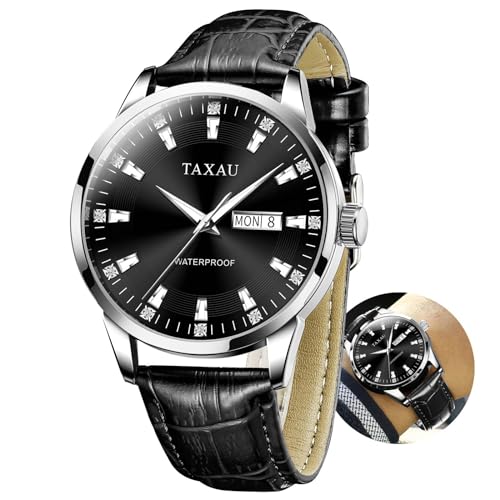 Taxau Herren Lederuhr Mode Schwarzes Zifferblatt Analoge Quarzuhr mit Datum Klassische wasserdichte Kleid Armbanduhr Reloyes para Hombres