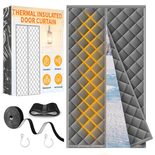 HOFUDON Cortina Termica puerta Magnética 90 x 210 cm, Cortinas Termicas Aislantes Frio y Calor,Protección Contra el Frío, Impermeable,Sin Necesidad de Taladrar, para Interiores y Exteriores,Gris