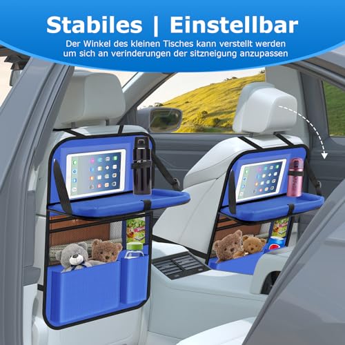 Image of Car Organiser, Pack of 2 Car Seat Organiser, Large Backrest Protection, Car, Children, Multifunctional, Waterproof, Back Seat Organiser with Folding Table, Tablet Bag and Many Pockets, Blue