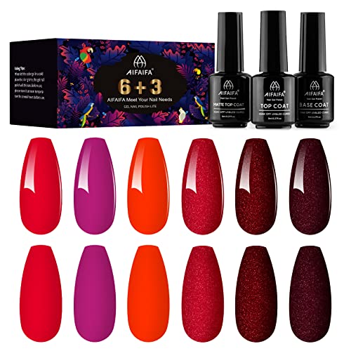 AIFAIFA 9Pcs Gel Nail Polish Set, Burgundy Nail Polish Kits Red Colors Soak Off UV/LED Nail Polish Set, Gel Polish with Base Coat & Glossy & Matte Top All-Season Salon Manicure Art Design Red