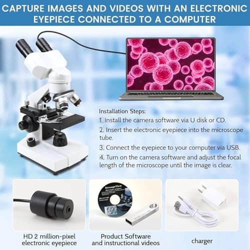 Image of Compound Binocular Microscopes 40X-2000X with 2.0 mp Camera, with Microscope Prepared Slides 30p,for Kids Students Adults,Microscope Accessories, Phone Adapter CX1013