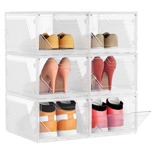 SONGMICS Schuhboxen 6er Set, Schuh-Organizer aus Kunststoff, stapelbar quer und längs, Aufbewahrungsbox mit Magnettverschluss, durchsichtig, für Schuhe bis Größe 46, wolkenweiß LSP806WH01