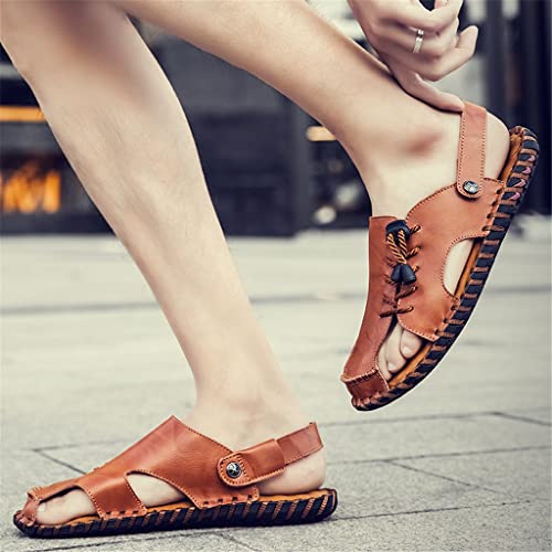 Sandals Men flip Flops Sandalias Men Shoes Comfort Leather Beach Sandals Hollow Men Shoes(D,9)2