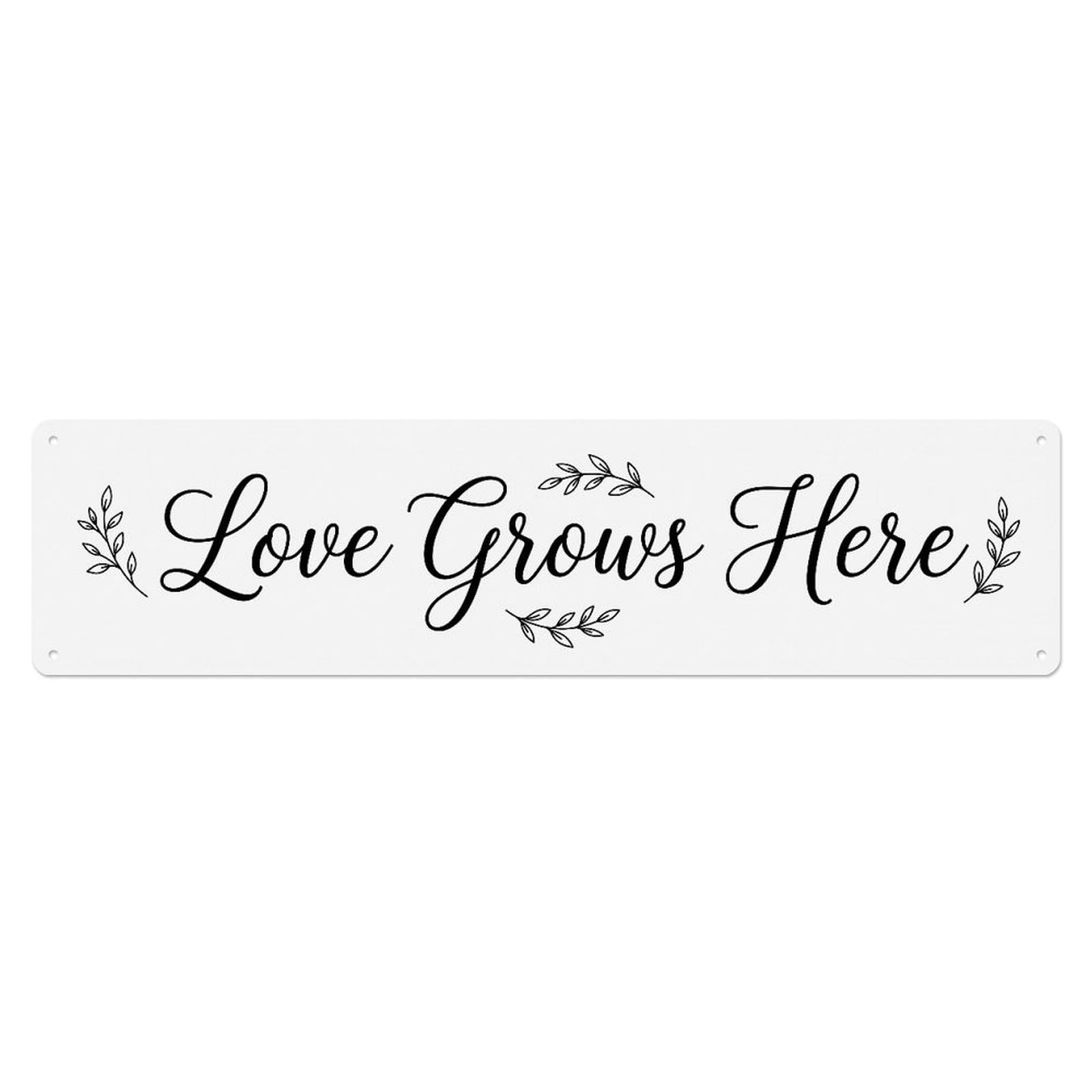 Love Grows Here Emotional Quote Metal Tin Skinny Sign Plaque Wall Decor for Cafe, Club Bar, Office, Home Garden Metal Poster 4x16Inch